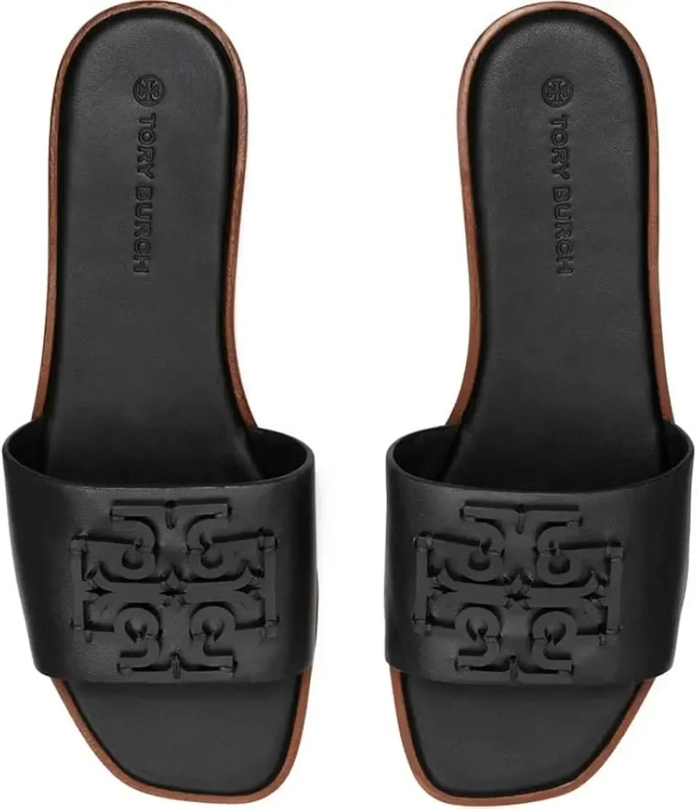 Tory Burch Women's Black Leather Medallion Ines Slides Flats Shoes sz 10 new